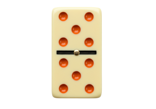 Ivory domino tile with five and two orange pips isolated, game piece for board games and mathematical concepts