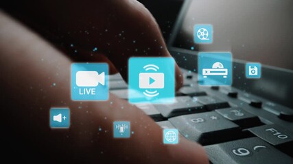 Multimedia technology with video, audio, photo and streaming icons representing digital media, communication and online platforms in a modern multimedia world. Funnel - Powered by Adobe