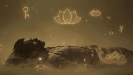 Man in deep meditation with spiritual symbols floating above.