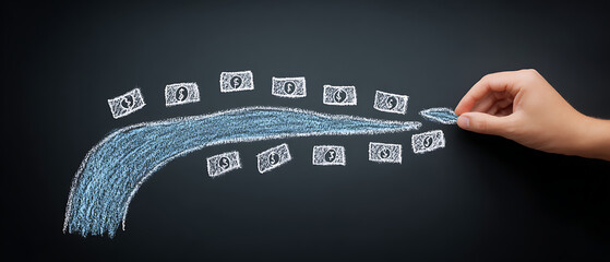 Hand drawing a chalk river of money flow on a blackboard, symbolizing financial management, investment, cash flow, economy, and wealth accumulation.