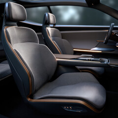 Modern car interior luxury seat with ergonomic design, soft fabric, wood trim, and ambient lighting for comfortable driving experience