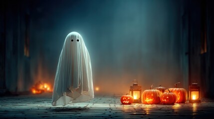 A spooky Halloween scene with a ghost, pumpkins, and lanterns in an atmospheric setting