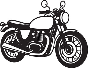 Obraz premium Classic motorcycle vector illustration in black and white with round headlight, spoked wheels and fuel tank for retro, transport and automotive themes