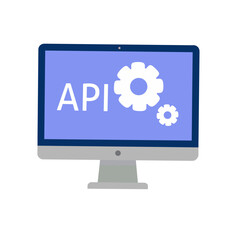 computer monitor with the word “API” and gear icons, symbolizing software integration, coding, and web development.