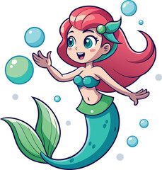 Naklejka premium Cute Mermaid Vector – Red Hair, Green Tail, Underwater Bubbles