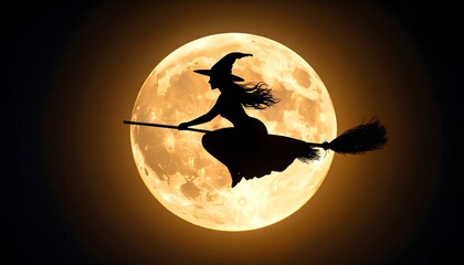 Silhouette of a witch flying on a broom over a full moon