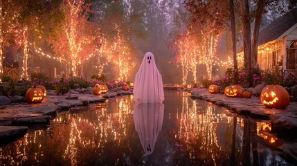Enchanting Halloween Scene: Ghost Amidst Glowing Pumpkins and Festive Decorations