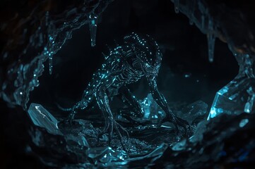 Mysterious bioluminescent crystalline entity glowing in a dark alien cave.