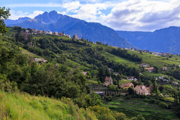 Panorama with castle Schloss Brunnenburg, vineyards, village Tirol (Dorf Tirol) and mountain summit Ifinger in South Tyrol, Italy