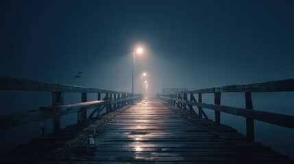 Obraz premium Wooden pier at night with lights and birds