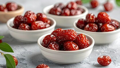 Four Bowls of Shiny Red Jujube Dates on a Textured Gray Surface with Green Leaves