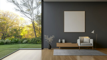 Modern living room interior with a view of greenery in natural light during daytime