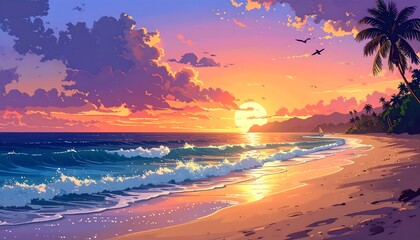 Dreamy Tropical Sunset Beach with Vibrant Sky