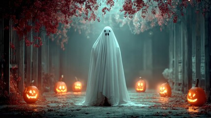 Spooky Halloween Scene with a Ghost, Pumpkins, and Atmospheric Lighting