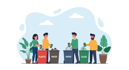 Adobe illustrator artwork vector illustration: People sorting waste into recycling bins for plastic, paper, and glass, promoting environmental conservation and sustainability