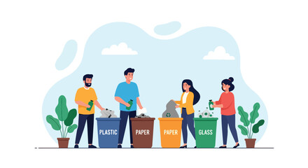 Adobe illustrator artwork vector illustration: People sorting waste into recycling bins for plastic, paper, and glass, promoting environmental conservation and sustainability