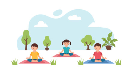 Adobe illustrator artwork vector illustration: Calm children meditating in lotus pose outdoors, promoting mindfulness, peace, and mental well-being for young individuals