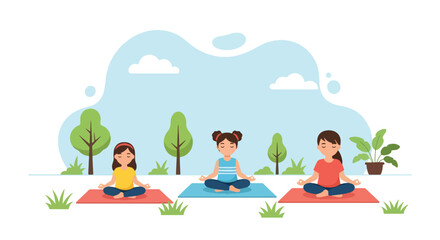 Adobe illustrator artwork vector illustration: Calm children meditating in lotus pose outdoors, promoting mindfulness, peace, and mental well-being for young individuals