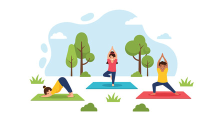 Adobe illustrator artwork vector illustration: Calm children meditating in lotus pose outdoors, promoting mindfulness, peace, and mental well-being for young individuals