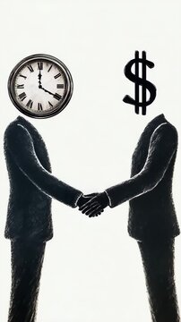 Meeting of time and money in a powerful handshake symbolizing business deals and partnerships in a creative illustration