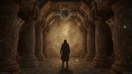 Mysterious figure stands in a grand, ancient, and ornate hall.