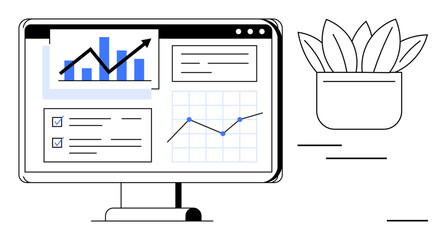 Monitor displaying bar chart, line graph, and task checklist. Desk plant adds simplicity. Ideal for business, data analysis, technology, productivity workspace analytics modern design. Simple flat