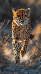Obraz premium Cheetah walking forward, with black spots, orange eyes, and dry grasses. AI.