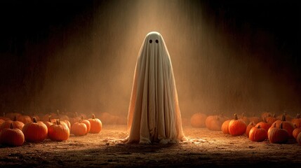 A Spooky Ghost Standing Amidst Pumpkins with a Dramatic Light for Halloween Season