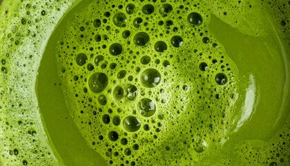 Vibrant Matcha: A close-up shot of a rich green matcha drink, revealing a foamy texture, offering a visual treat of healthy choices.