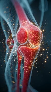 Medical 3d animation of a human knee joint with glowing particles