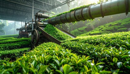 Tea Plantation and Processing: a scenic view showcasing the harmonious blend of nature and industry, with lush tea plants cascading down verdant hillsides.