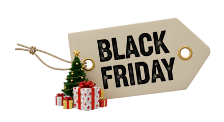 Black friday tag with christmas tree and gift boxes isolated on transparent background