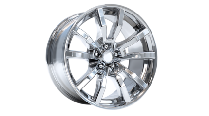 Shiny chrome car wheel isolated on transparent background for automotive industry