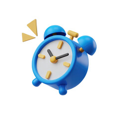 Cute cartoon 3d rendered blue alarm clock ringing with yellow accents and black background