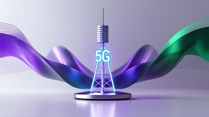 Futuristic 5G Tower with Digital Signal Waves and High Speed Wireless Technology