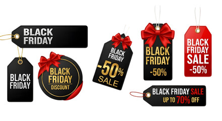 Black friday sale tags with discounts and bows isolated on transparent background