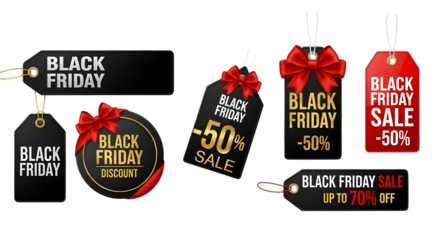 Black friday sale tags with discounts and bows isolated on transparent background