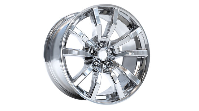 Shiny chrome car wheel isolated on transparent background for automotive industry