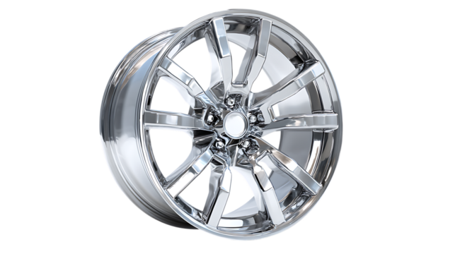 Shiny chrome car wheel isolated on transparent background for automotive industry