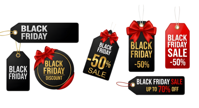 Black friday sale tags with discounts and bows isolated on transparent background