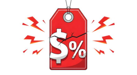 A red price tag with a dollar sign and percentage symbol cracked in the middle, isolated on transparent background