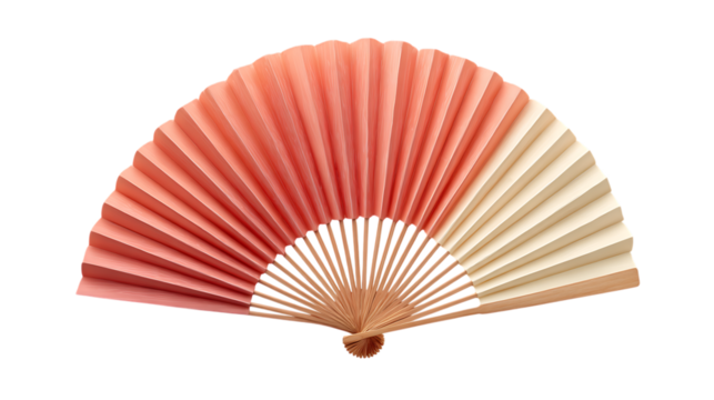 Elegant salmon and cream folding fan isolated on transparent background for summer
