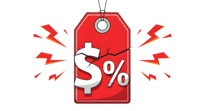 A red price tag with a dollar sign and percentage symbol cracked in the middle, isolated on transparent background - Powered by Adobe