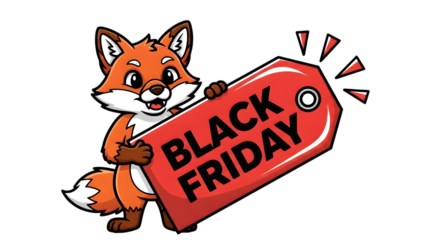 Cute cartoon fox holding a red tag with black friday text, isolated on transparent background