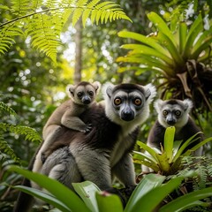 Obraz premium Lemurs in a Lush Rainforest.