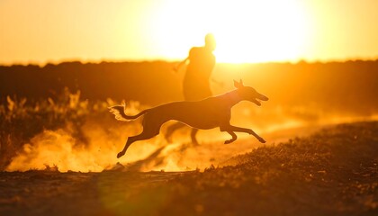 Silhouette of dog and person running at golden sunset