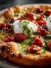 Delicious Vegetarian Italian Pizza with Vibrant Green and Red Toppings. Topped with generous portions of fresh, white mozzarella and bright red roasted cherry tomatoes.