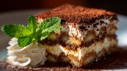 Close-up of a Classic Layered Tiramisu Dessert Topped with Cocoa Dusting and topped with a swirl of whipped cream and fresh mint. Ideal for menus and high-end dessert advertising.