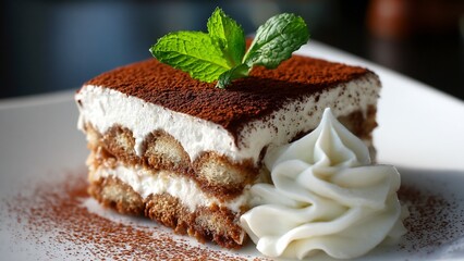 Decadent Square Slice of Tiramisu with Mint and Cream Rosette, porous texture of the cake and the smoothness of the cream, suitable for both digital and print media applications.

