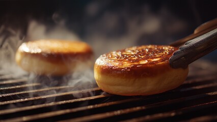 Toasted Golden Bun Being Flipped on a Smoky Outdoor Grill, with steam rising, suggesting a gourmet twist on a summer classic. Perfect for food blogs, recipe content, culinary and lifestyle photography